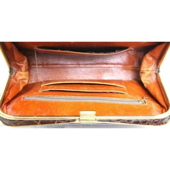 VINTAGE DEITSCH GENUINE CROCODILE BROWN LEATHER FRAME HANDBAG POCKETBOOK - Picture 10 of 12
